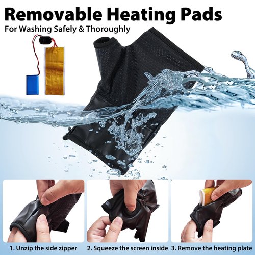 Heated Gloves for Women, Rechargeable Washable PU Leather Electric Heated Warm Winter Gloves for Motorcycle Skiing Bike Hunting Camping - Fingerless Glove for Cold Weather Arthritis Hands, Black
