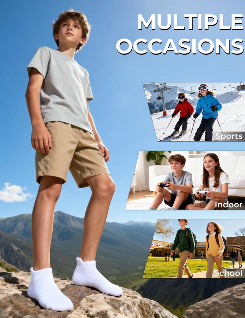 BOOPH Kids Ankle Socks Boys Girls Athletic Cushioned Socks for Running 8 Pairs White 10-14 Years