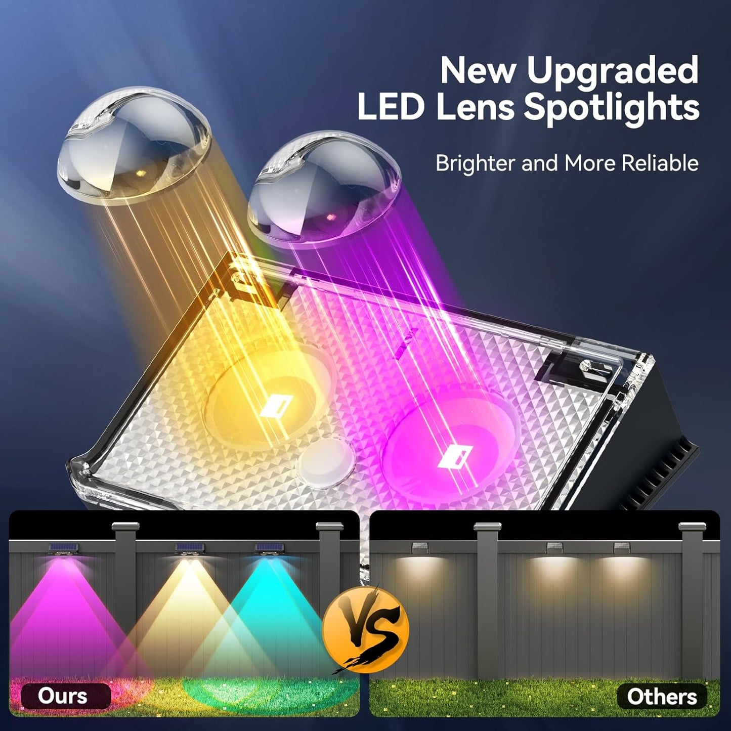 TECKNET Solar Fence Lights - 12 Pack LED Outdoor Lighting, IP66 Waterproof, Warm White & RGB Colors for Deck, Patio, Pool, and Backyard