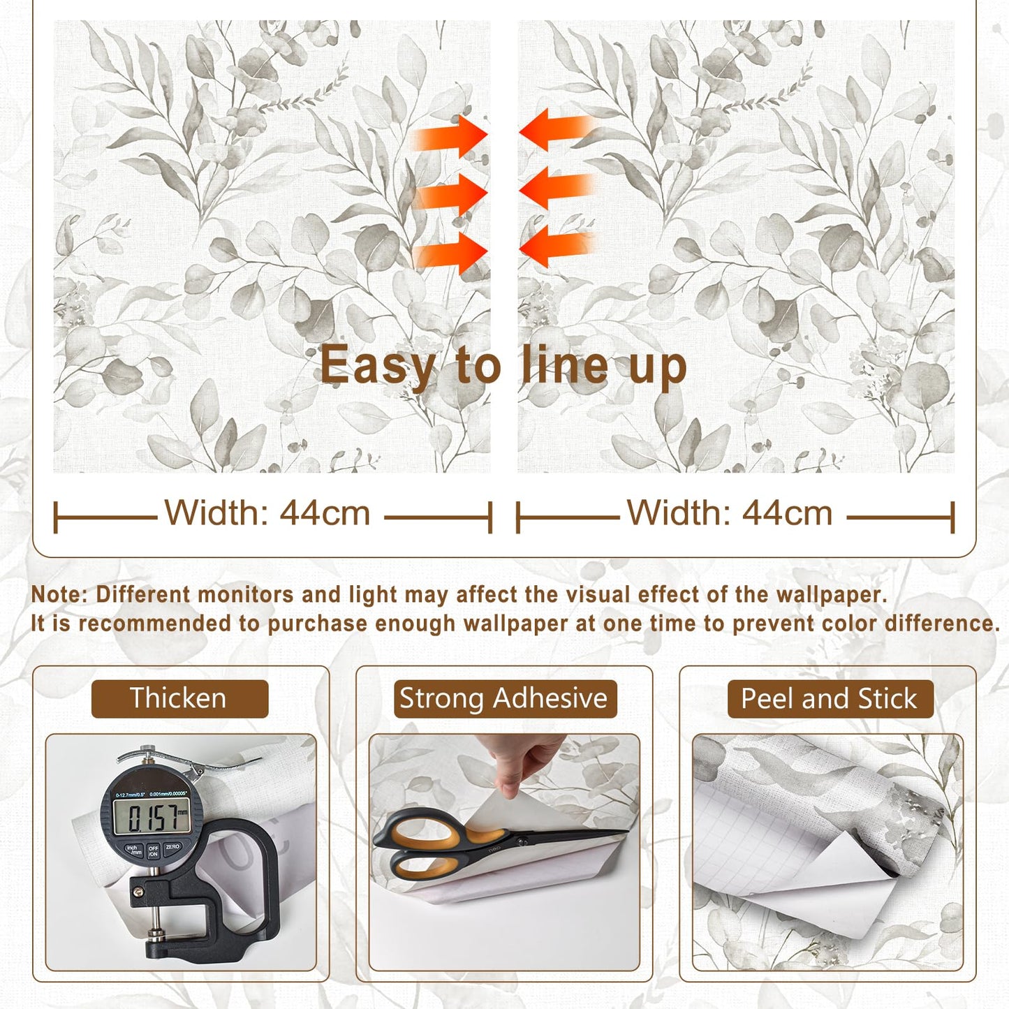 Naphite Floral Wallpaper Peel and Stick Wallpaper for Bedroom 118inL17.3inW Grey Floral Boho Contact Paper for Cabinets Drawer Self Adhesive Removable Farmhouse Contact Paper Eucalyptus Leaf Nursery