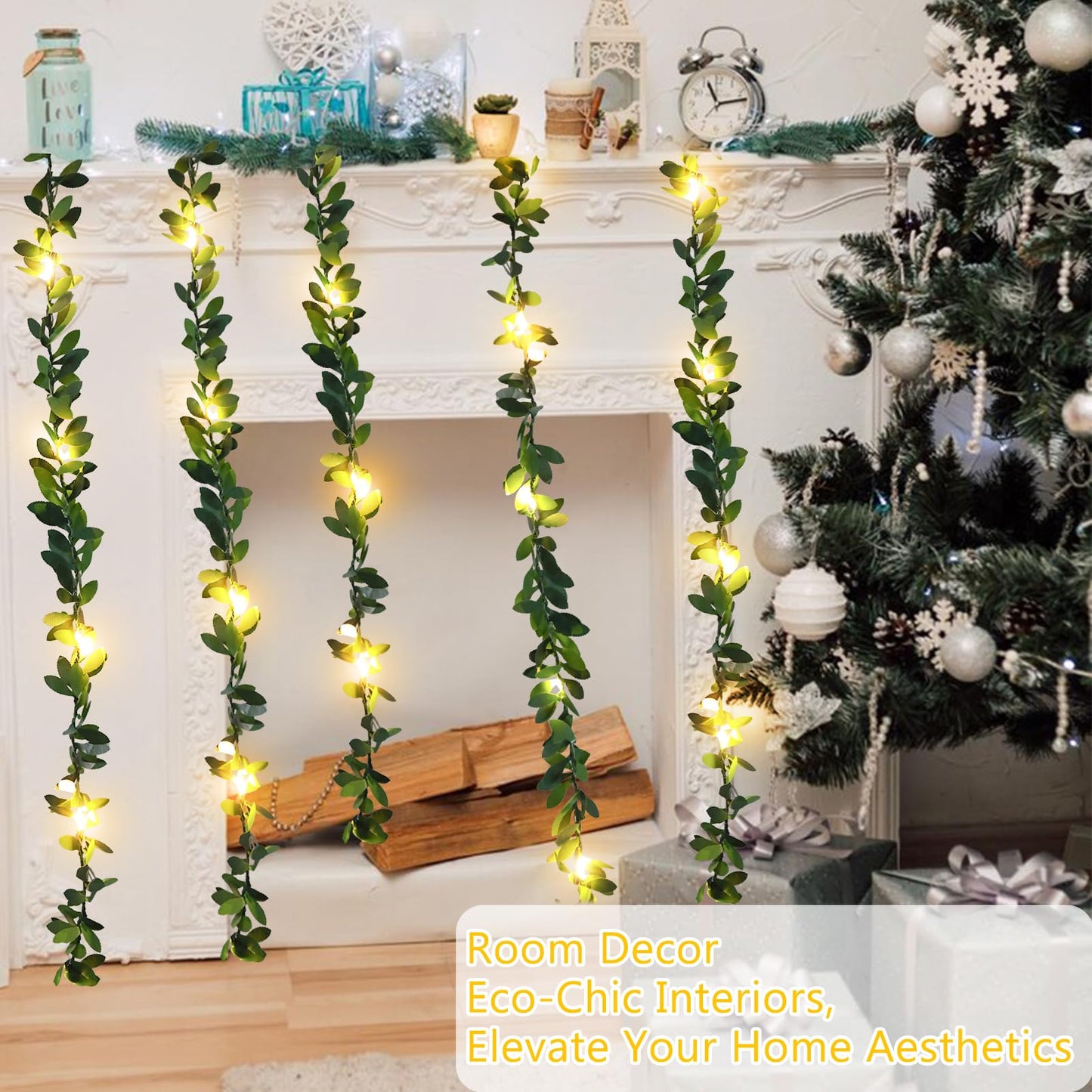 2 Pack 6ft Fairy Lights with Green Leaf Garland, Battery Operated,20 LED Artificial Garland Plant Vine Light Perfect for Bedroom, Christmas,Wall, Garden, Wedding, Party Centerpiece,Decor (Warm White)