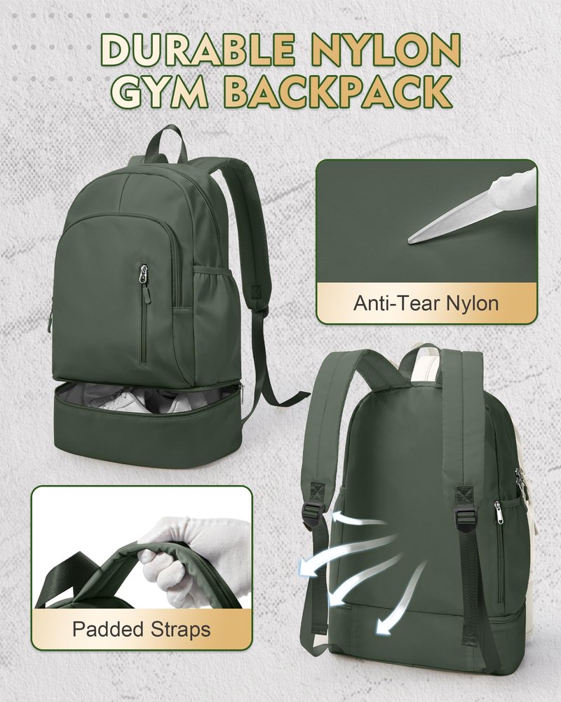 VENATIN Gym Backpack for Women Men, Lightweight Gym Bag with Shoe Compartment, Waterproof Sports Backpack with Wet Pocket, Green