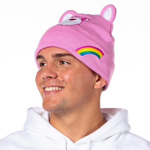 Care Bears Embroidered Face and Belly Badges with 3D Ears Cuff Knit Adult Beanie- 4 Styles Available Grumpy, Share, Cheer, Funshine (Cheer Bear)