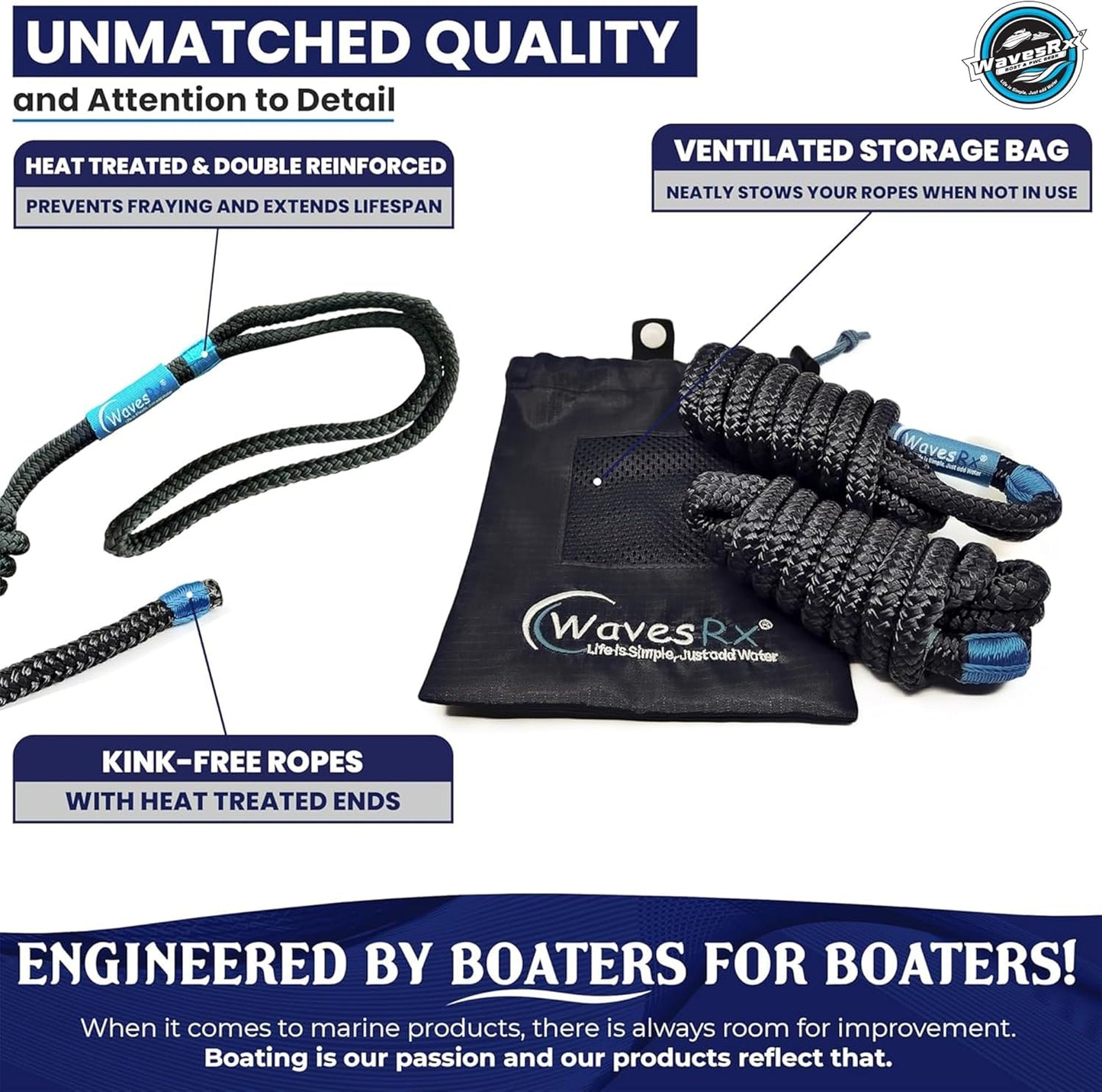 WavesRx Premium Fender Line - 3/8'' x 6' Double Braided Nylon Dock Lines (4 Pack) | Ideal for Boats & Pontoons
