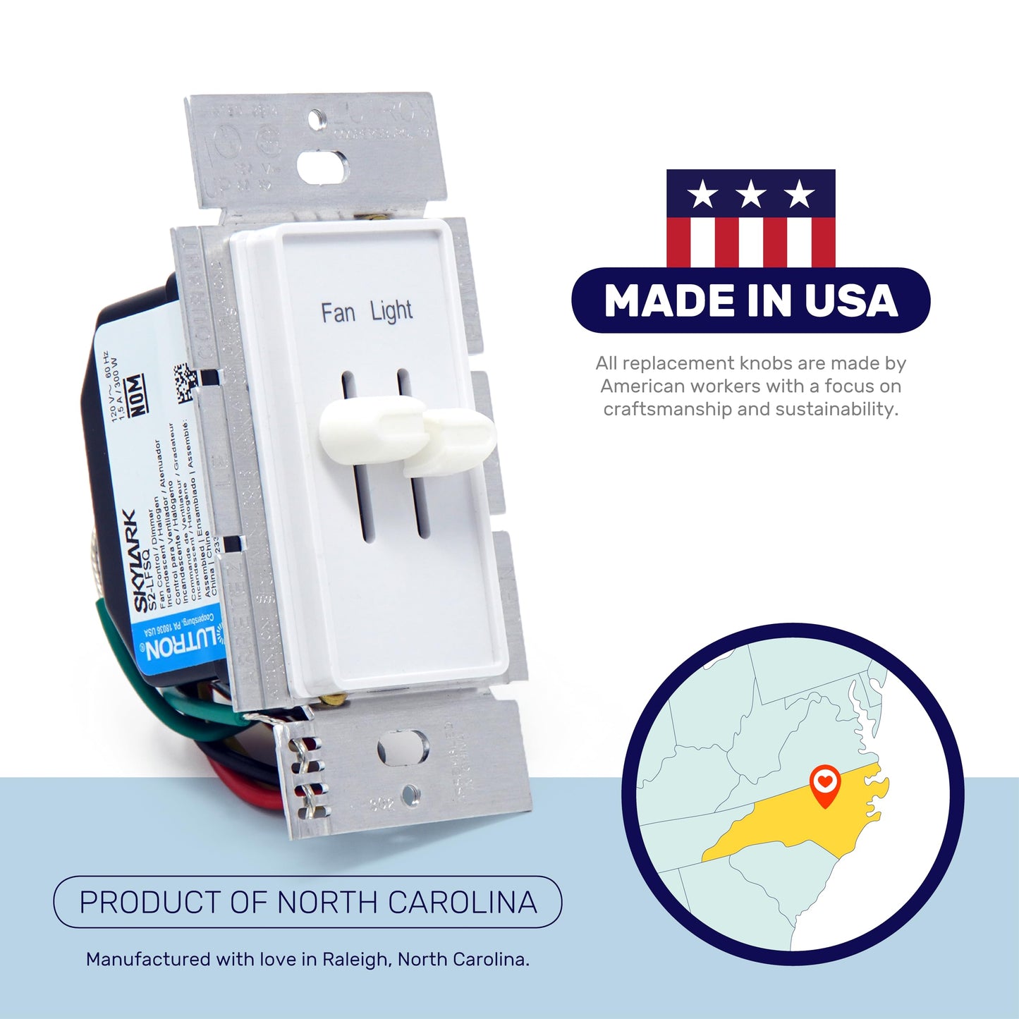 Modern Split Slider Knobs - Made in USA - Compatible with Lutron Skylark Fan Speed & Light Dimmer Control Switch