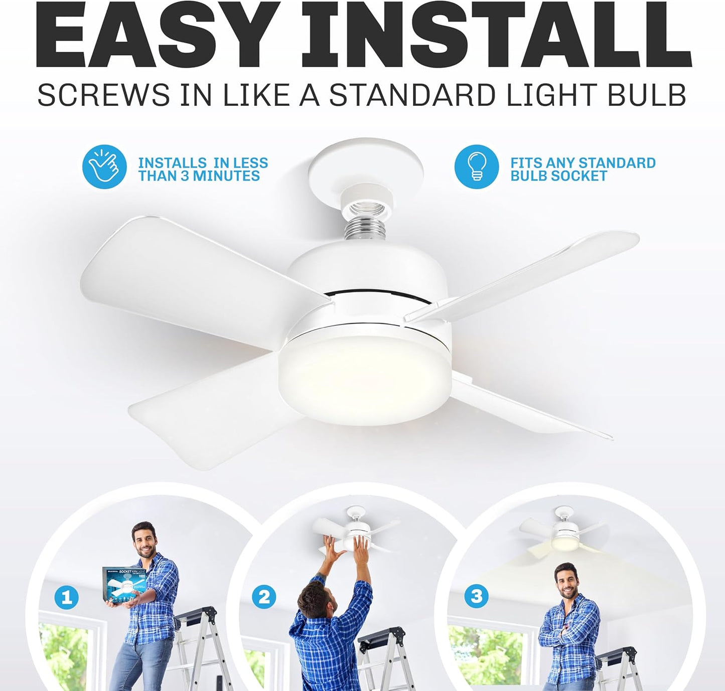 Socket Breeze Ceiling Fan with Light & Remote - Portable 3500K 1000 Lumens E26/E27