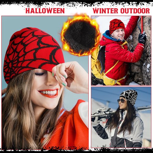 Jeyiour 4 Pcs Y2k Beanies Spider Web Pattern Beanie Gothic Acrylic Knitted Hat Casual Streetwear Outdoor for Men Women(Classic Color,Fleece Lined)