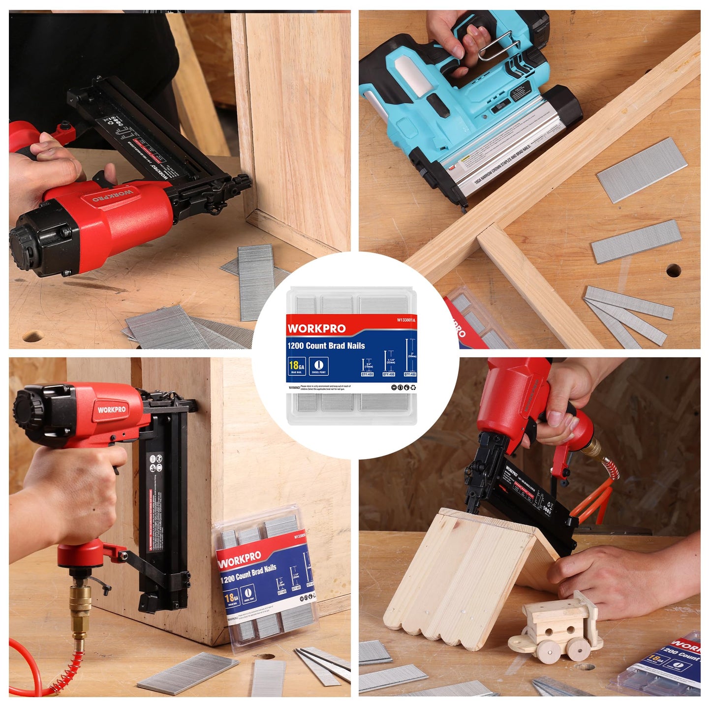 WORKPRO 1200 Count 18 Gauge Brad Nails, (3/4,1-1/4",2"), Universal Brad Nail Gun Nails for Pneumatic & Electric Brad Nailers