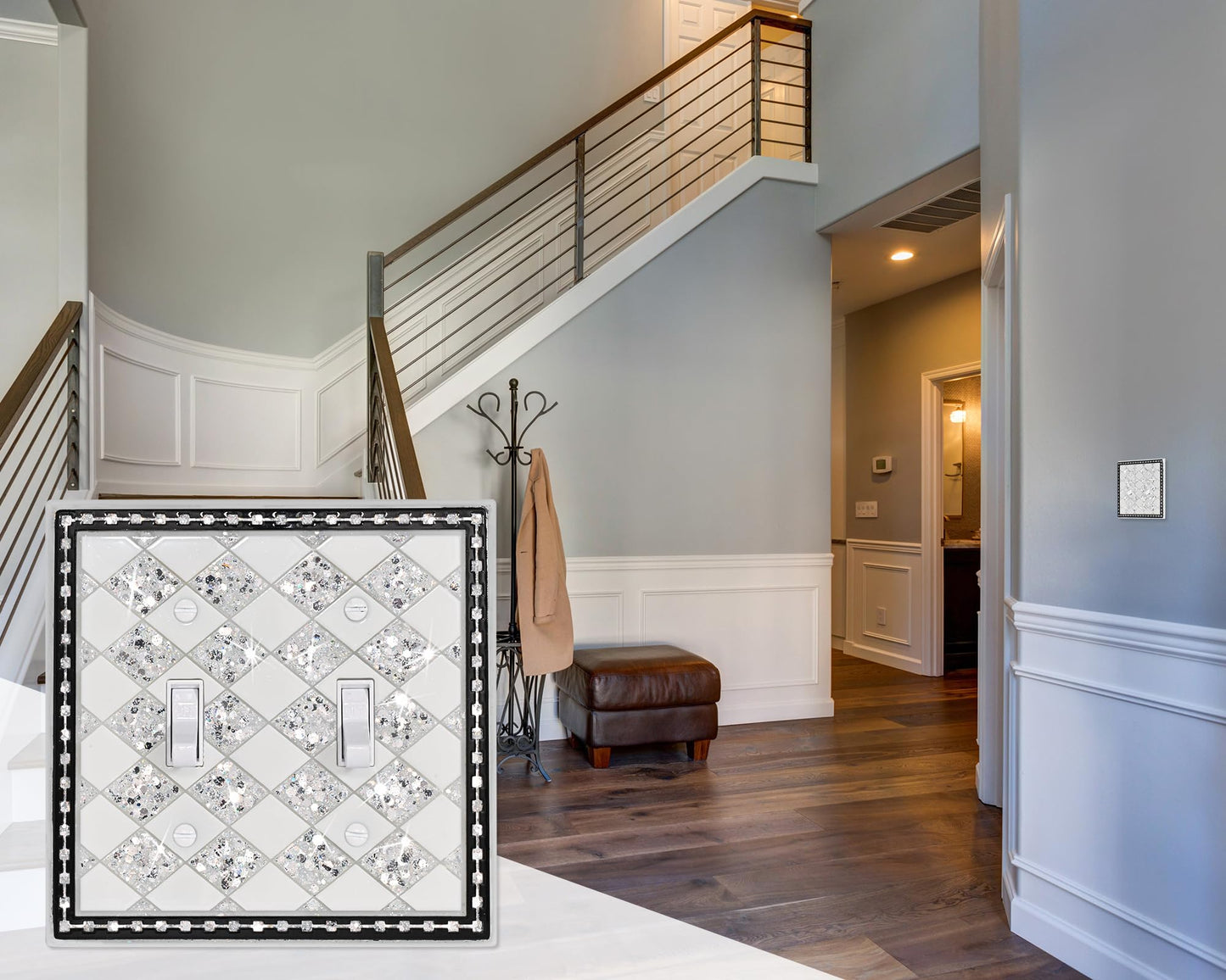 YNQIZKI Light Switch Cover Plate,Silver Sparkle 2 Gang Wall Plate,Bling Switch Plate Covers,Double Toggle Midsize 4.9''x4.8''