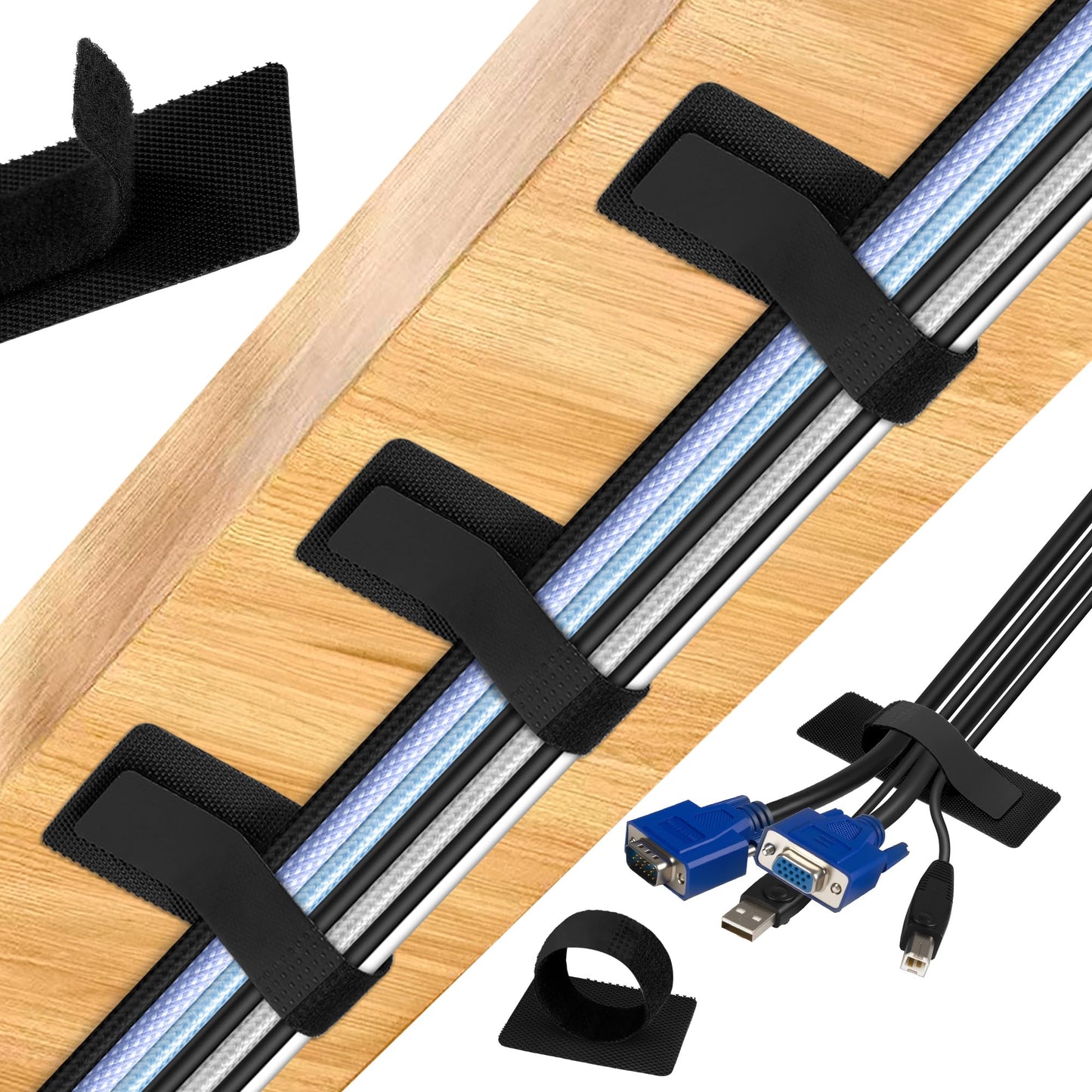 Vorona Under Desk Cable Management, 41pcs Adjustable Self Adhesive Hook and Loop Cable Ties, Up to 15 Cord, Enhanced Wire Holder, Reusable Cord Holder Organizer for Household & Office Essentials