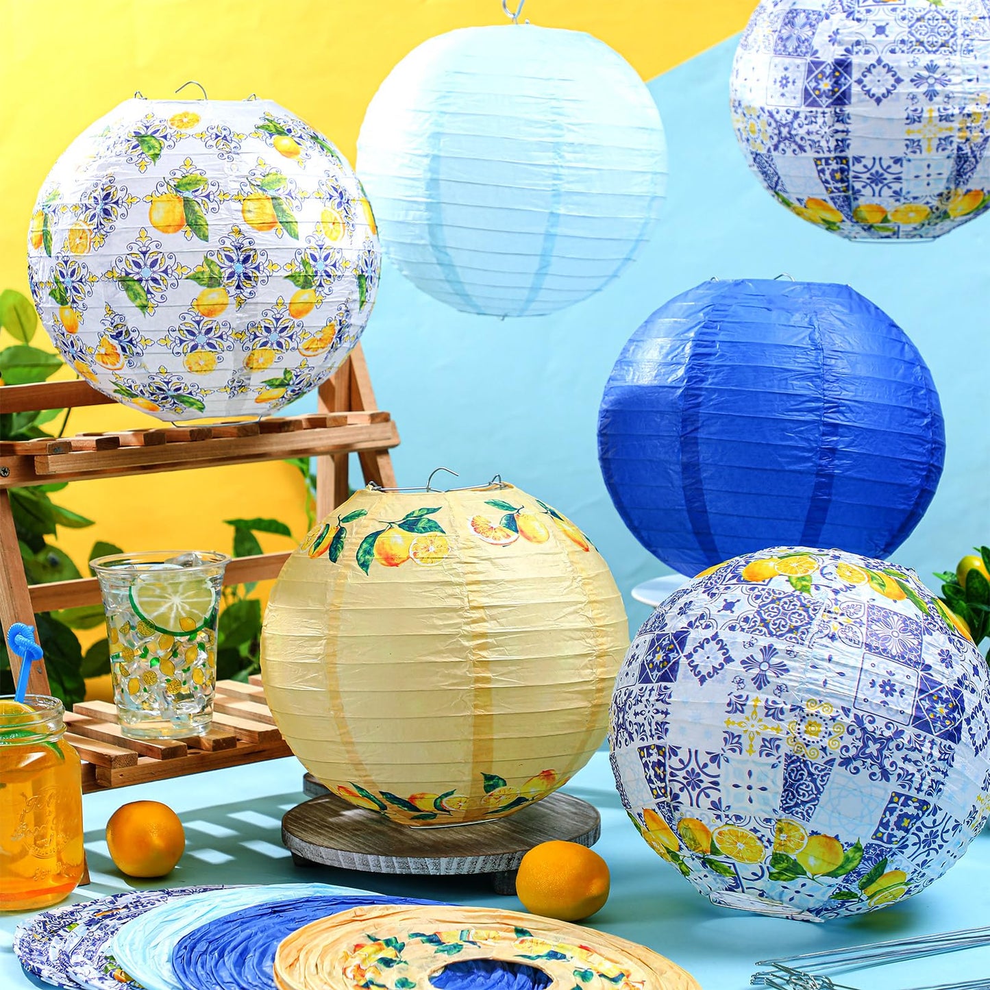 Retisee 12 Pcs 10'' Capri Lemon Pattern Paper Lantern Party Supplies for Bridal Shower Wedding Amalfi Coast Blue Yellow Tiles Mediterranean Party Paper Lantern Hanging Decor for Lemon Birthday
