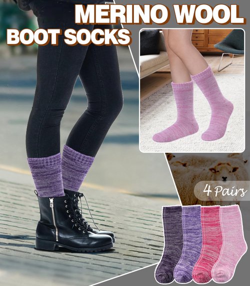LANLEO Merino Wool Hiking Socks for Women Men Thermal Extra Thick Winter Warm Comfy Cushioning Crew Boot Socks 4 Pairs Rose Red/Pink/Dark Purple/Light Purple,Medium