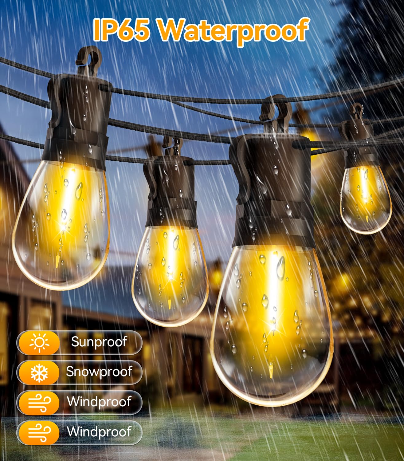 Outdoor-String-Lights-Patio-LED-Light-Outside 50Ft 15M Waterproof Remote Dimmable S14 LED Porch Lighting with 15 Edison Plastic Bulb Hanging Lights Connectable for Backyard Yard Gazebo Party Garden