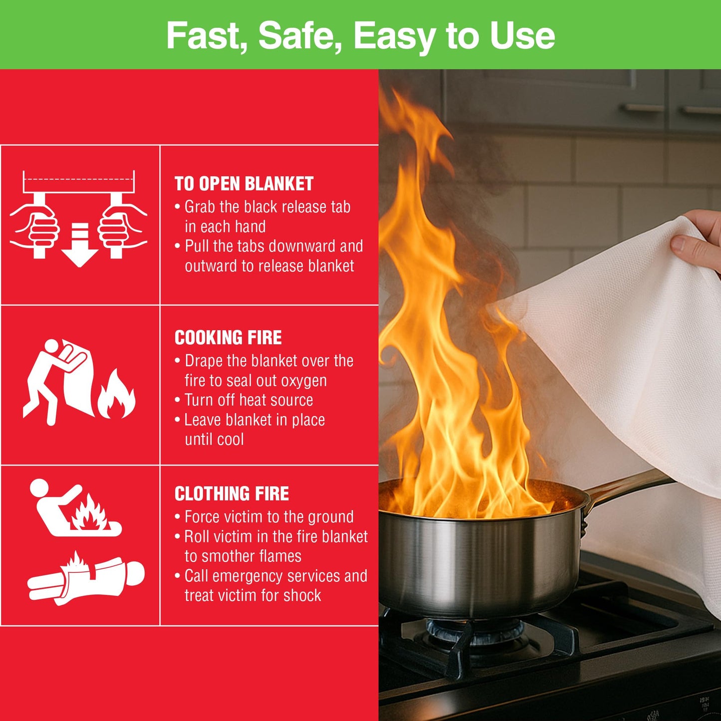 BURNBUSTER Emergency Fire Blanket - ASTM Certified Fire Suppression Blanket for Home, Kitchen, Grill, Camping, Car & More - 40" x 40" Flame Retardant Fabric, No Mess, Easy Deployment