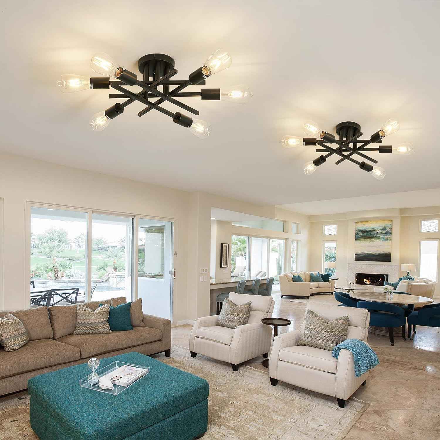 Gold Modern 6-Light Semi Flush Mount Ceiling Light Fixture - Vintage Sputnik Chandelier for Kitchen, Dining & Living Room