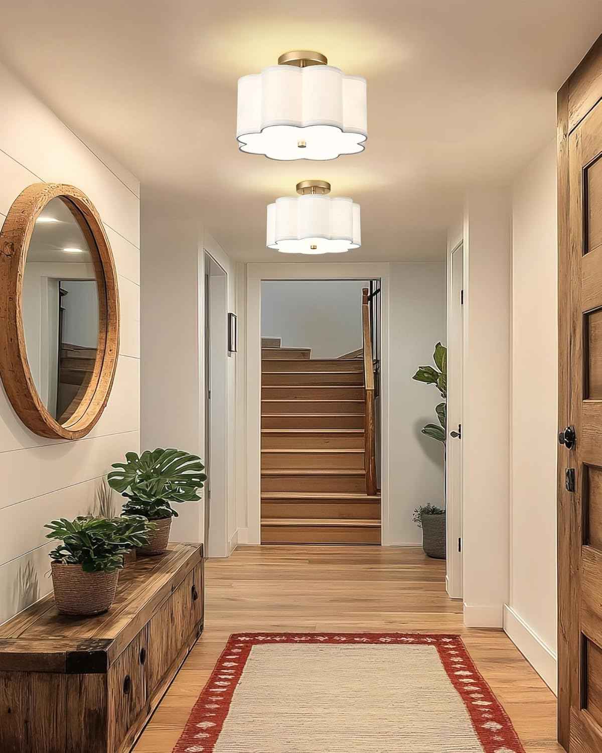 Gold 3-Light Semi Flush Mount Ceiling Light with Fabric Flower Shade - Farmhouse Brass Drum Fixture for Nursery, Hallway, Bedroom - Model AD-22007-3SF-GD