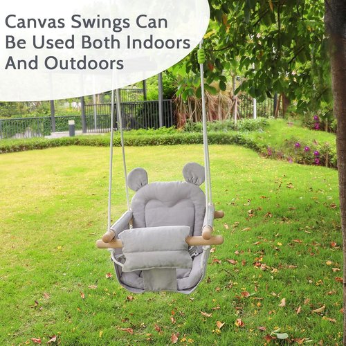 GFU Baby Swing - Secure Canvas Infant Swing for Indoor & Outdoor Use | Comfortable Wooden Hanging Seat