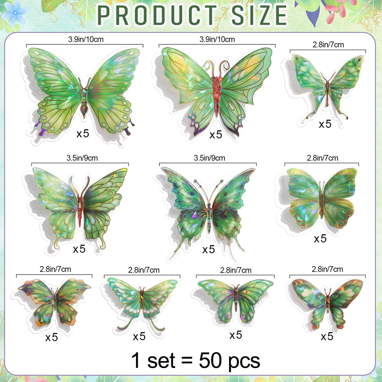 3D Butterfly Wall Decor - 50PCS Removable PVC Butterflies Wall Stickers- Multi-Size (2.8"-3.9")- DIY Removable Wall Art Decal for Kids Room, Nursery, Bedroom, Classroom, Party Decoration (Green)