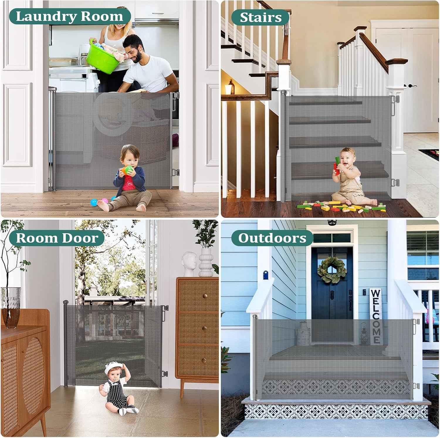Extra Wide Retractable Baby Gate 55” x 38” | Child & Dog Safety Gate for Stairs, Doorways, Indoor/Outdoor - Gray