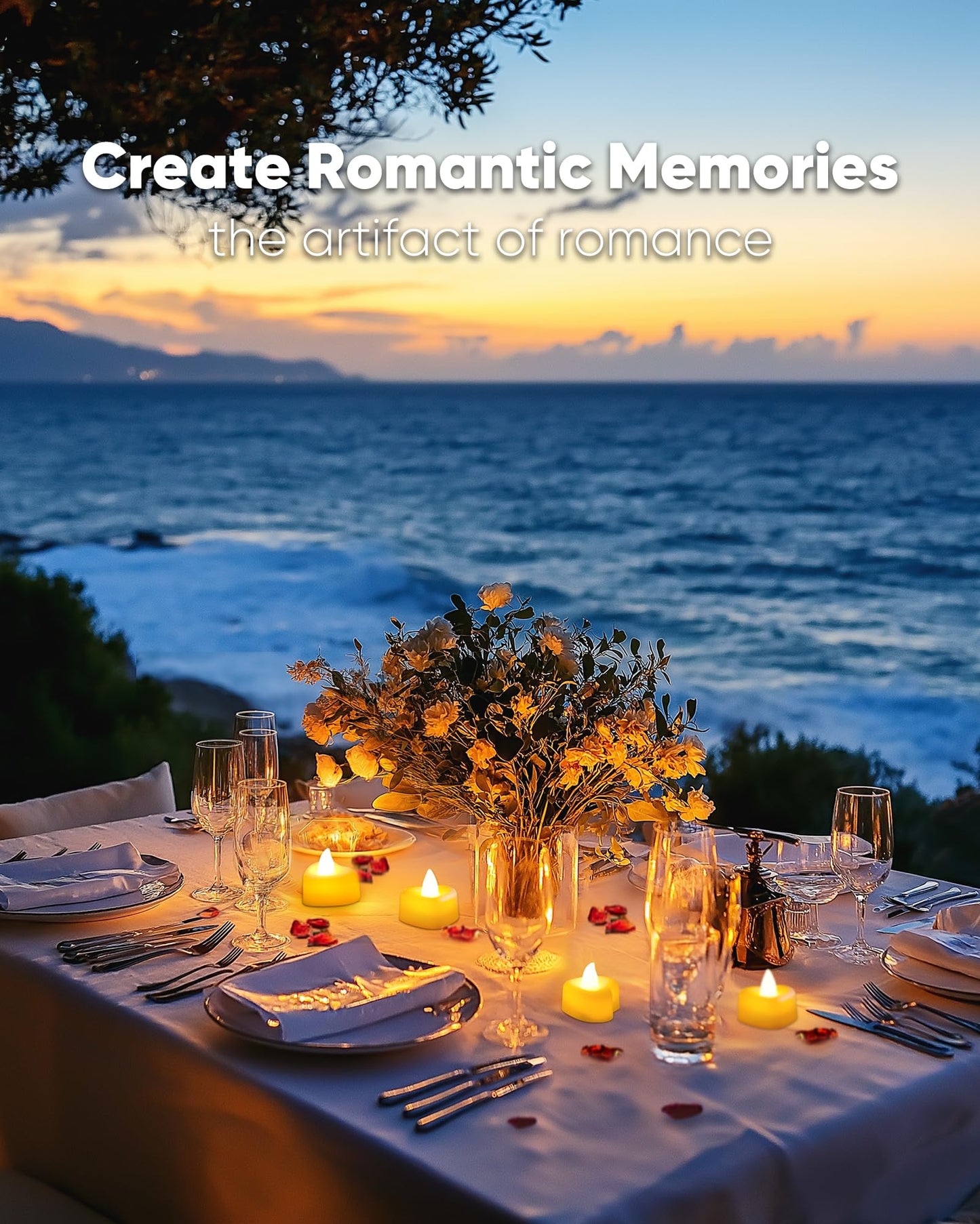 Amagic 2000 Pieces Artificial Rose Petals with 24 Heart LED Tea Lights Candles Kit, Rose Petals and Candles Set for Proposal, Anniversary, Special Romantic Night, Wedding Table Decor, Birthday