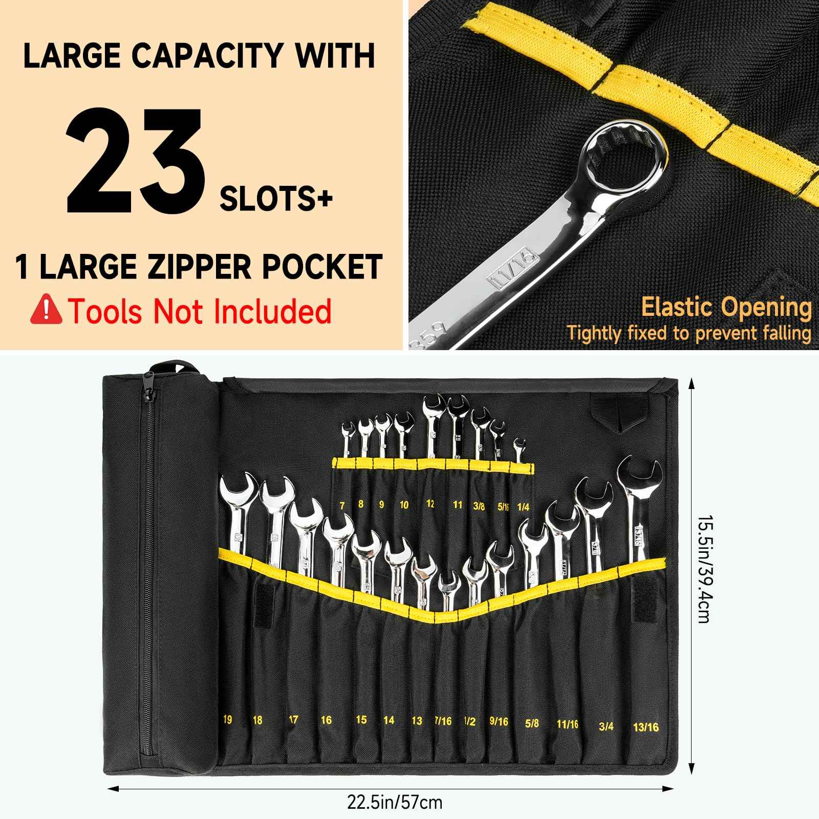 Wrench Roll Organizer (NOT for Ratcheting Wrench),Wrench Roll Up Pouch with 23+1 Pockets,Heavy Duty Tool Roll for Metric & SAE Wrenches,Large Wrench Holder Organizer Bag for Men,Mechanics(Black)