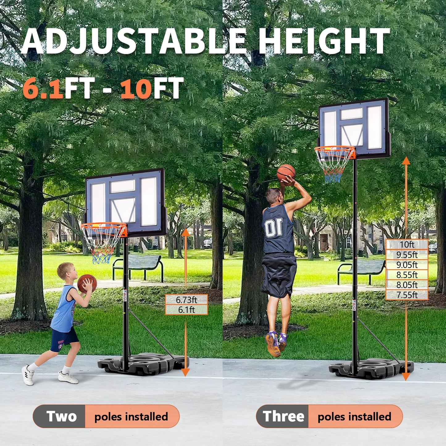 DUMOS 6.1-10FT Portable Basketball Hoop Outdoor for Adult, Adjustable Height 44 Inch Shatterproof Backboard w/Shock Absorbent Rim, Fillable Base, 2 Wheels for Swimming Pool/Indoor, New Version, Grey