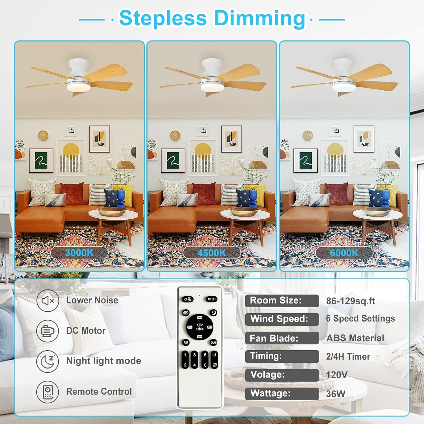 42-Inch Modern Black Ceiling Fan with Light & Remote - Dimmable Low Profile, 5 Reversible Walnut Blades, 6 Speeds for Indoor/Outdoor Use