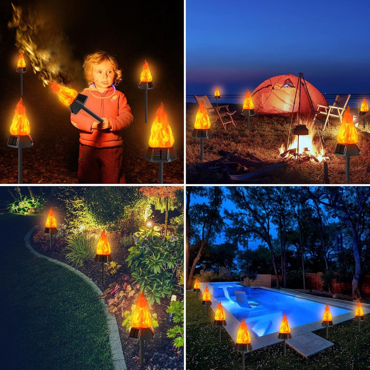Solar Torch Lights Outdoor - 4 Pack Waterproof LED Flickering Flame for Halloween, Garden & Yard Decor
