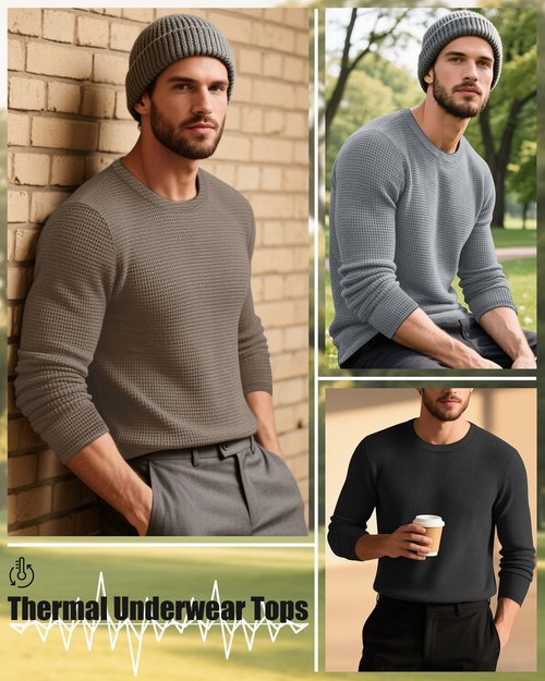 August Alley 5 Pack Thermal Waffle Shirts for Men, Crew Neck Long Sleeve Casual Pullover Underwear Textured Knit Tops(Black, Dark Gray, Gray, White, Coffee,Large)