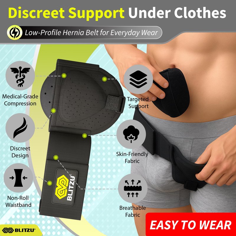 BLITZU Inguinal Hernia Support Belt for Men & Women, Adjustable Left or Right Side Hernia Truss with Removable Compression Pad, Slim Groin Support Belt for Everyday Wear Black S-M