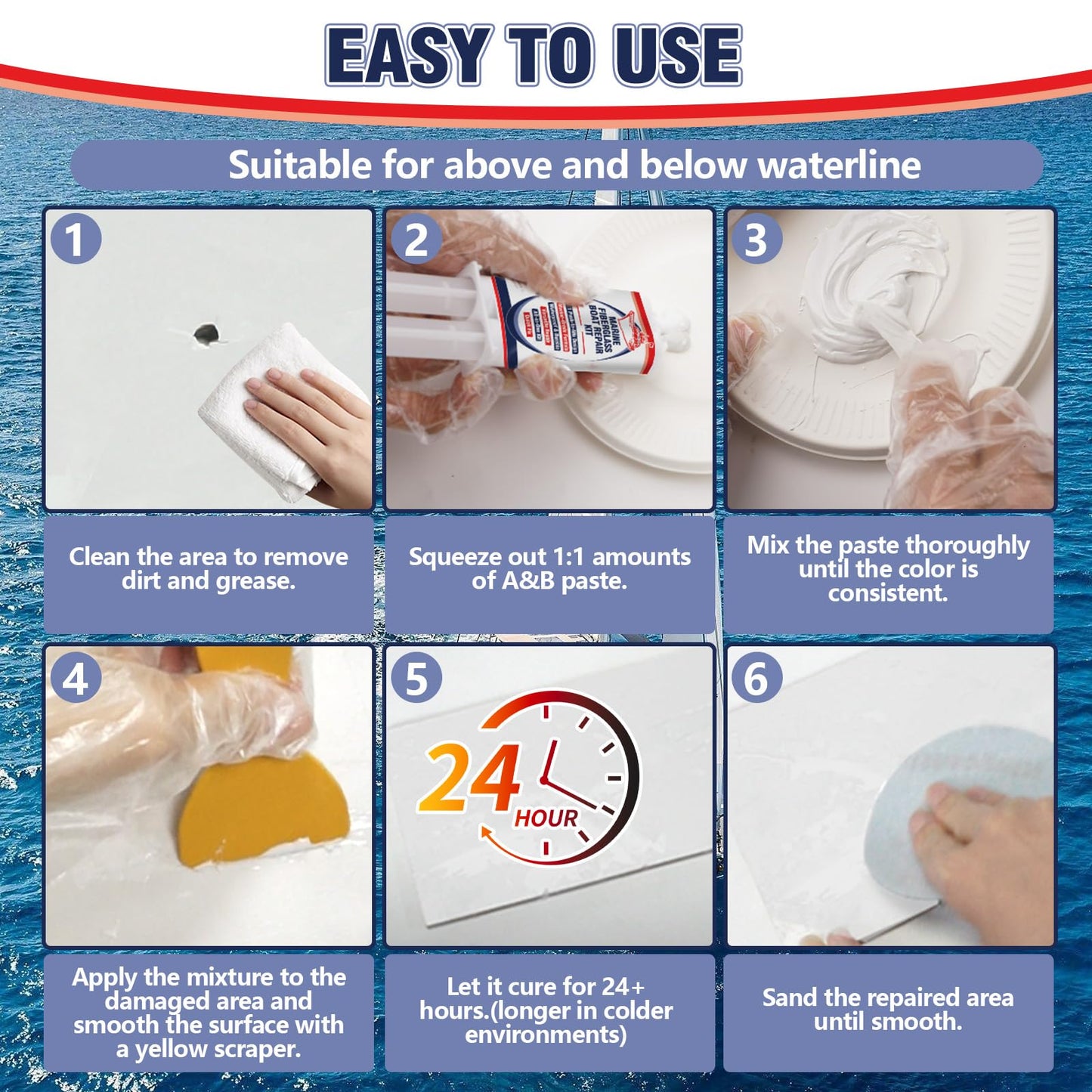 AstraVox Marine Fiberglass Repair Kit for Boats, Waterproof Gel Coat Repair Kit for Boats, Marine Epoxy Filler for Jet Ski, Kayak, Yacht, Speedboat, Dinghy, Fix Hole, Chip, Crack, Scratch (White)