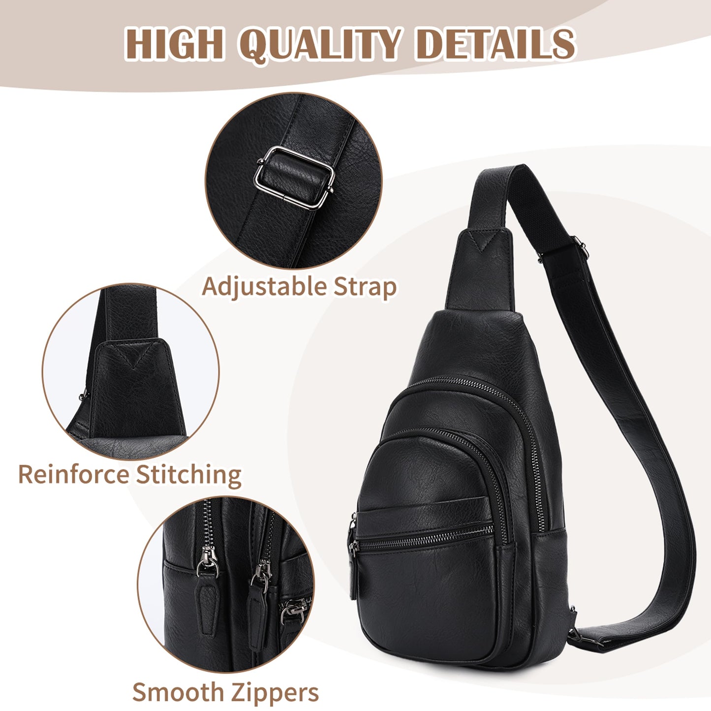 RAVUO Sling Bag, PU Leather Crossbody Backpack for Women Men Casual Hiking Daypack Multipurpose Chest Bag for Work College Black
