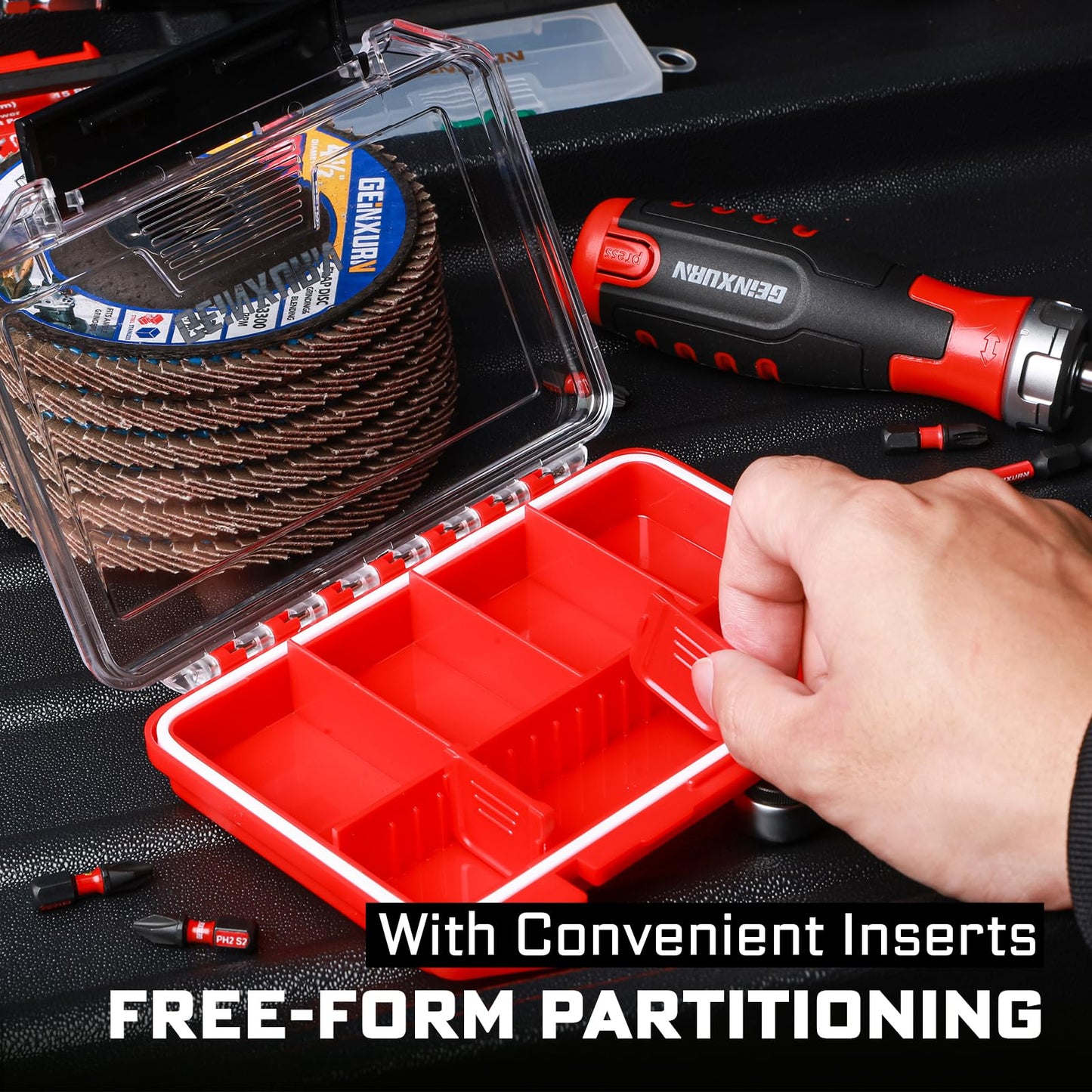 Geinxurn IPX4 Waterproof Small Storage Parts Organizer, Small Parts Case with Removable Dividers, Screwdriver Bit Set Box