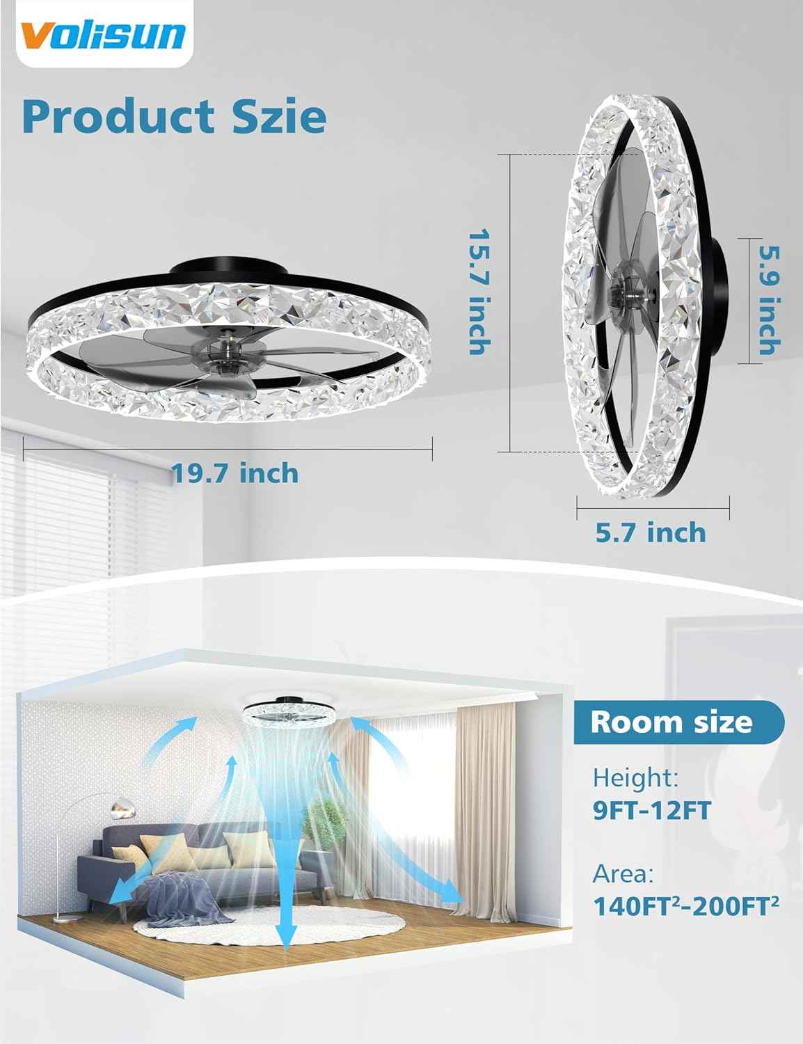 Modern Bladeless Ceiling Fan with Light & Remote - 15.7in Low Profile Fandelier, Dimmable 3000K-6500K for Bedroom