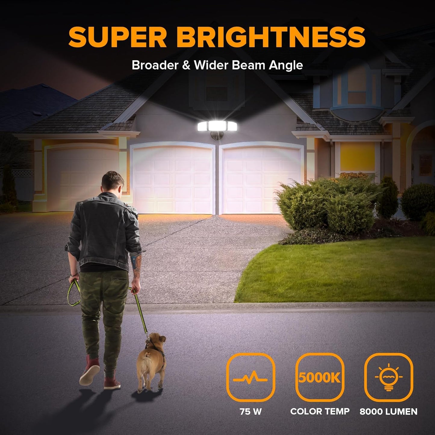 75W LED Flood Light - 8000 Lumen Outdoor Security Light with 3 Adjustable Heads, IP65 Waterproof for Garage, Yard & Patio - 5000K Daylight