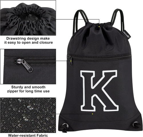 HOLYLUCK Drawstring Bags - Initial Backpack Cinch Sack for Sports, Gym, Travel | Black (K)