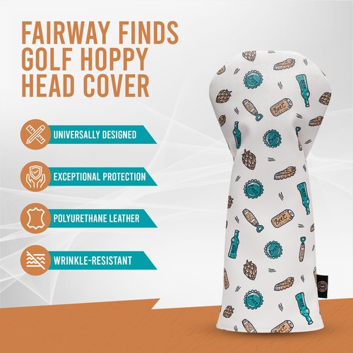 Fairway Finds Golf Club Hoppy Head Cover, Beer Patterned White Stylized Design (3/5 Wood)