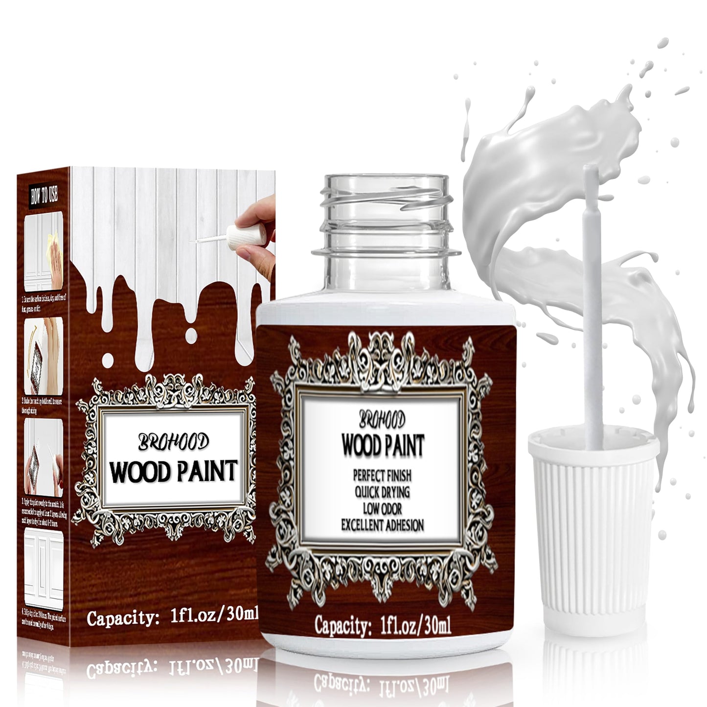 Brohood Wood Paint for Furniture Cabinet Kitchen Door, Semi-Gloss White Scratch Repair for Wood Surface Renovation, 1 Oz White Paint for Spots and Chips