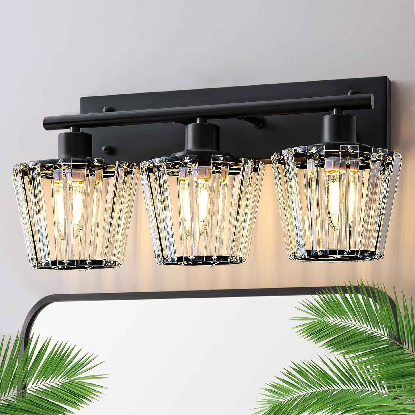 Modern 3-Light Crystal Vanity Light Fixture for Bathroom & Bedroom - Black Finish