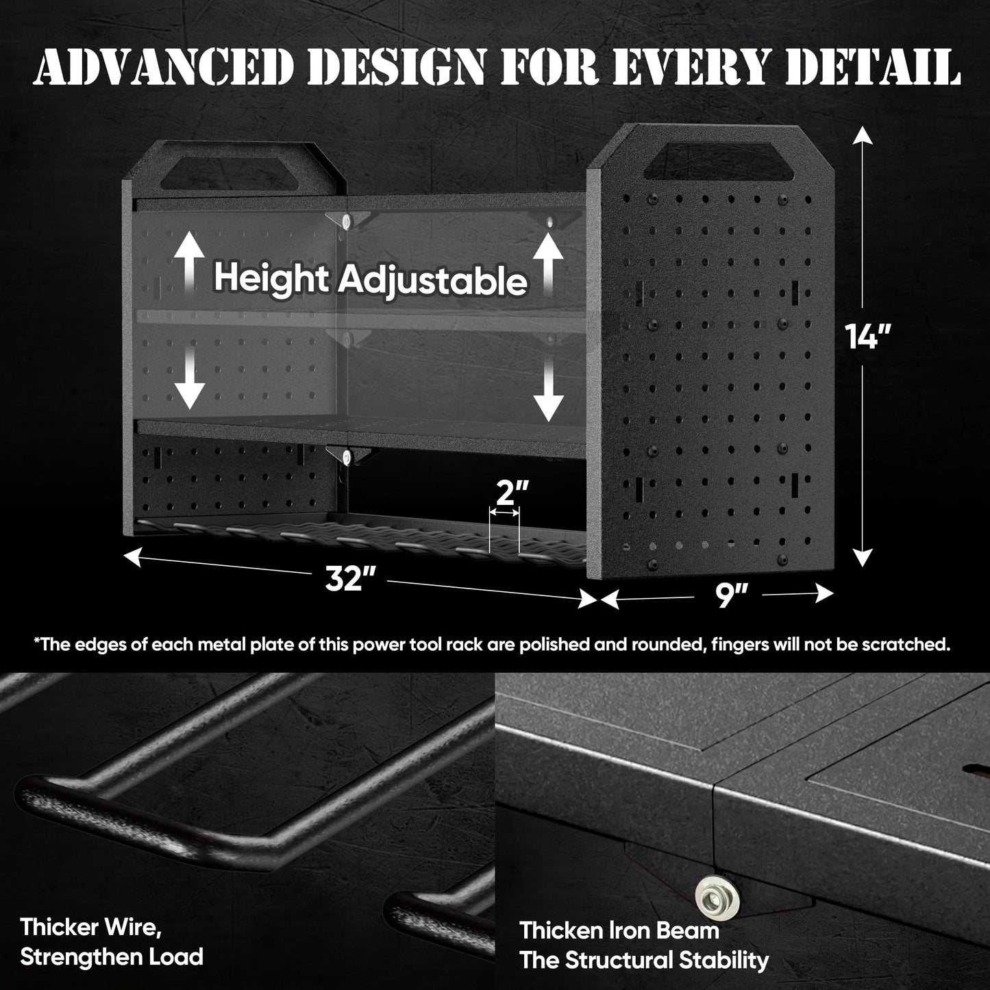 Power Tool Organizer with Charging Station Wall Mount, Built in 8 Outlet Surge Protection Power Strip, Drill Holder Wall Mount, Heavy Duty Metal Power Tool Storage Rack for Garage Organization Black