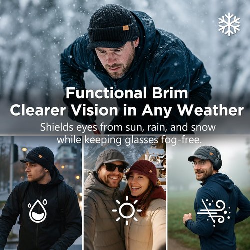 DryKnit™ Black Waterproof 80% Merino Wool Blend Beanie Hat with Brim Visor Fleece Lined Knit Winter Cap for Men Women Large Head Warm Outdoor Hiking Cold Weather Gear M/L