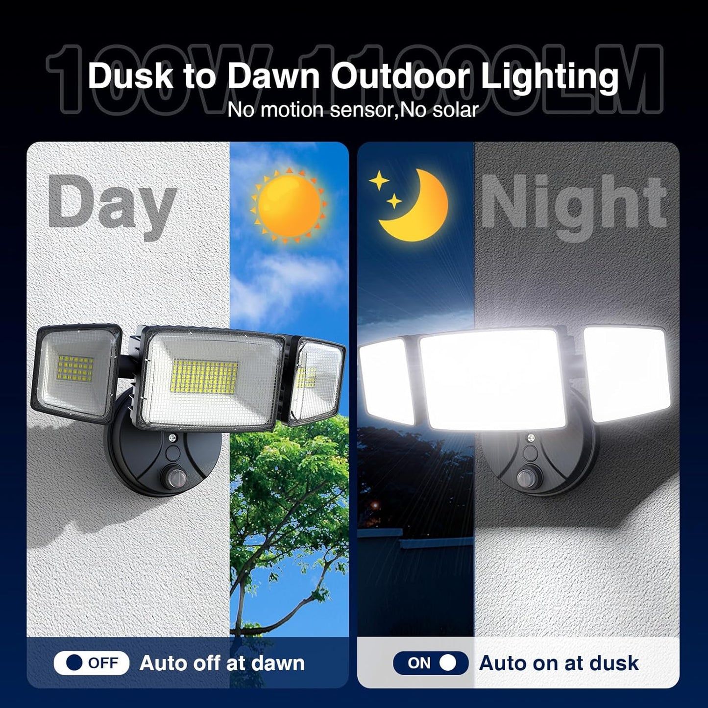 100W Dusk to Dawn LED Outdoor Flood Light - 11000LM Waterproof Security Light with 3 Heads Photocell for Garage & Yard