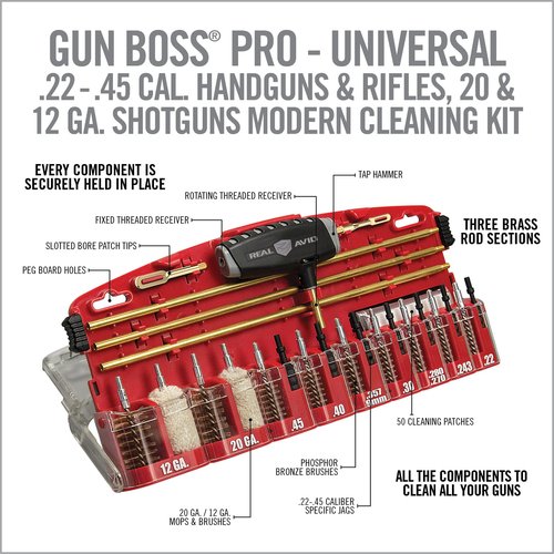 Real Avid Gun Boss Pro Universal – 12 Ga., 20 Ga., .45, .40, .357, .38, 9MM, .30, .280, .270, 7MM, .243, .22 ca. universal gun cleaning kit
