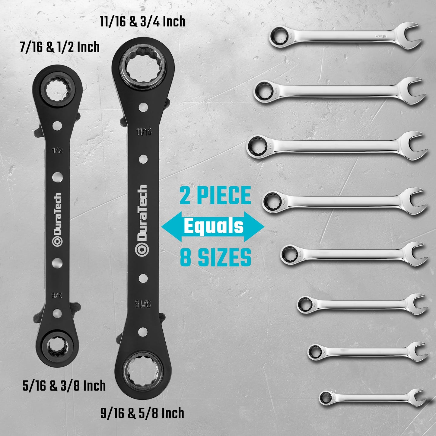 DURATECH 4-in-1 Reversible Ratcheting Wrench Set, Double Box End Wrench Set, 2-Piece, 5/16", 3/8", 7/16", 1/2", 9/16", 5/8", 11/16", 3/4", SAE