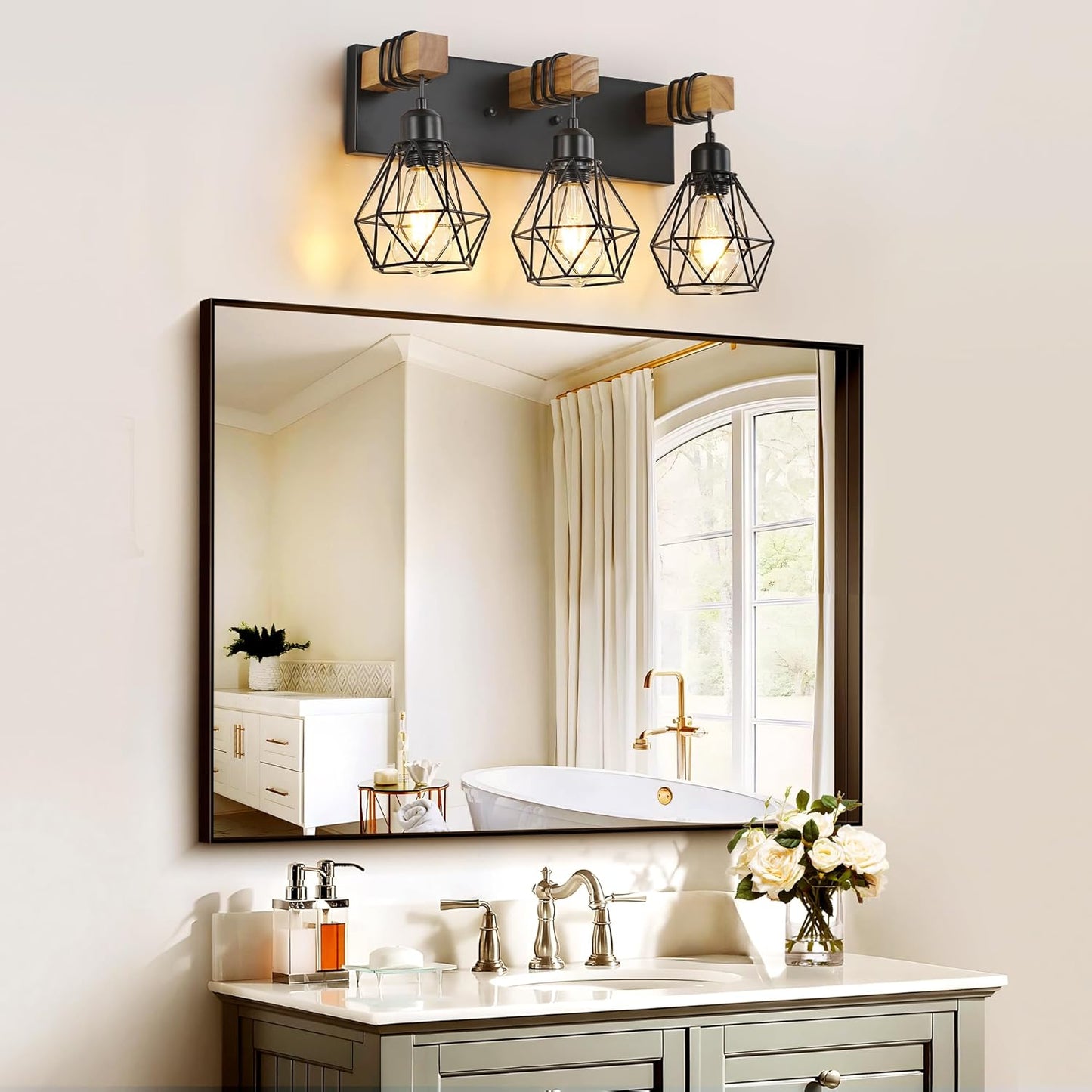 Farmhouse 3-Light Bathroom Vanity Light Fixture - Rustic White Wood Sconces for Mirror