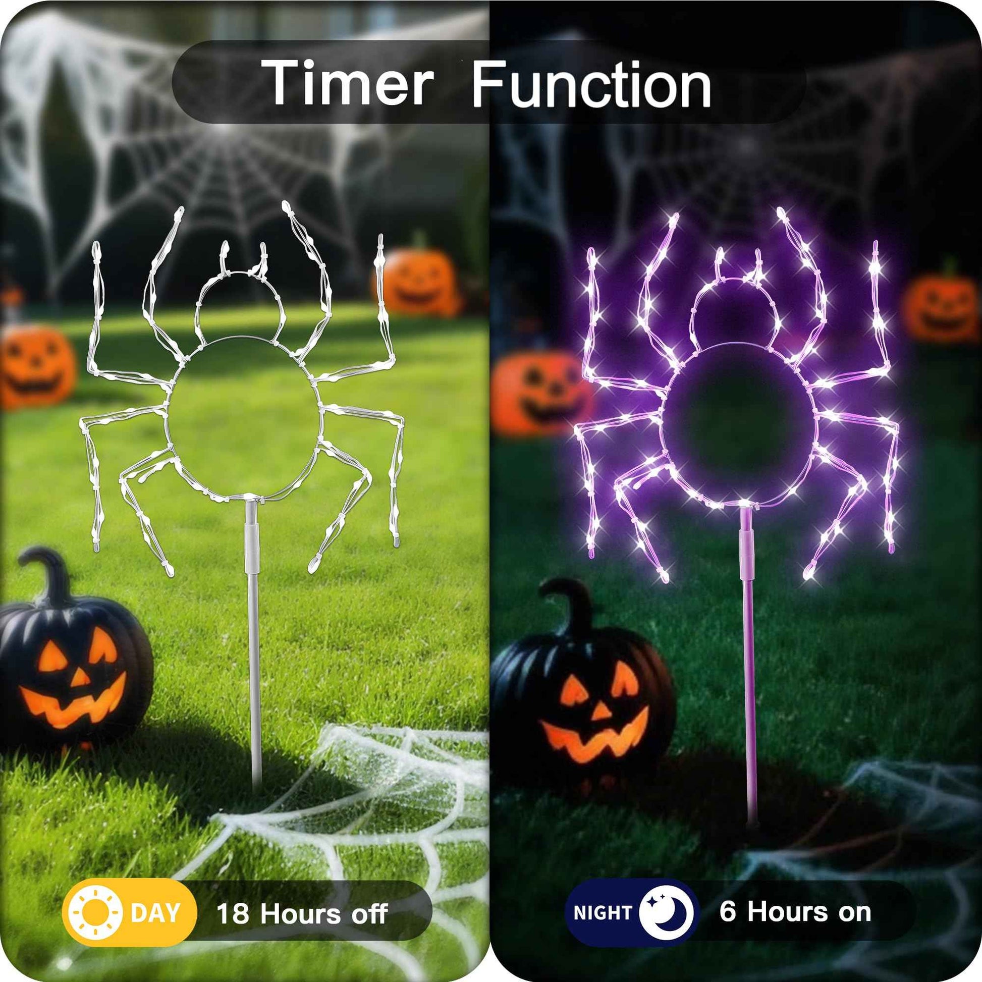 MYGOTO Halloween Spider Pathway Lights, 3 Pack 250 LED Purple Decorations Outdoor Metal Stake Lights, 8 Modes Memory Timer Waterproof Plug in Light String for Walkway Yard Lawn Garden Halloween Décor