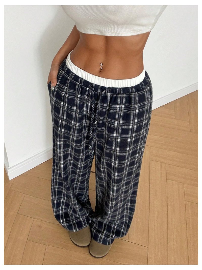 RoseSeek Girl's Plaid Wide Leg Track Pants Elastic Waist Baggy Long Trousers with Pockets Grey 12Y