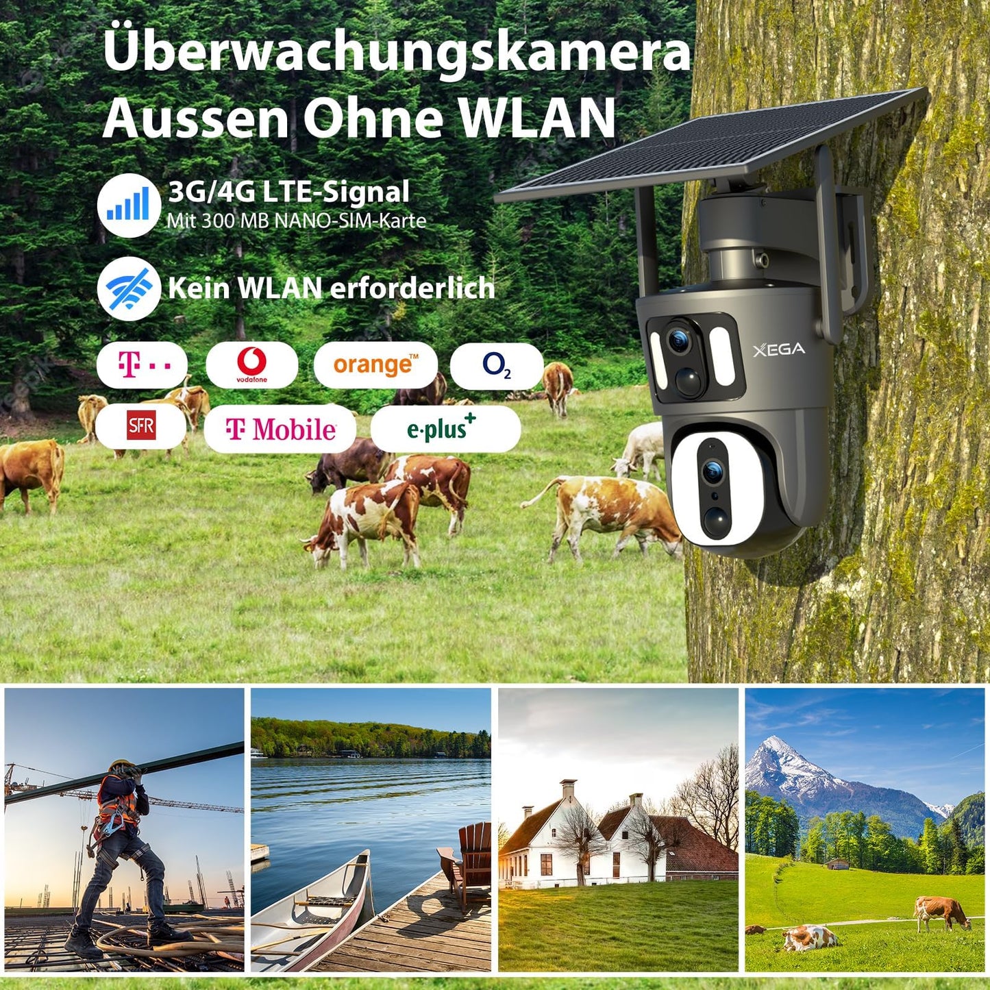 Xega 4G LTE Security Camera【Dual Lens】 No Wi-Fi Solar Cellular Security Camera Wireless Outdoor Built-in SIM Card 1080P 360° View PIR Detection Color Night Vision Two-Way Audio IP66 Waterproof