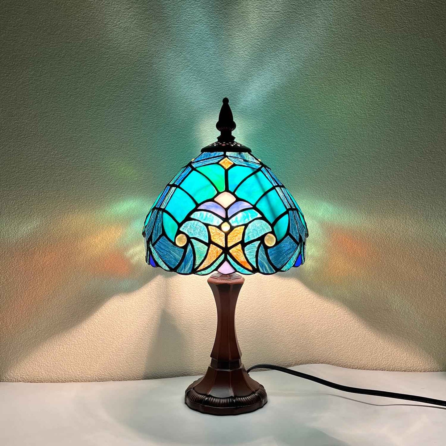 COTOSS Tiffany Table Lamp Sea Green Stained Glass Accent Table Light Antique Style Desk Lamp Vintage Bedside Lamp for Living Room Bedroom