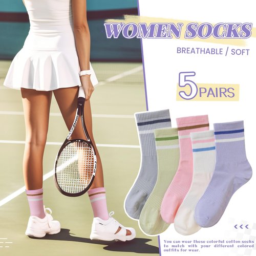 SeeyAN Womens Crew Socks Athletic Casual Cotton Long Socks Stripe Sport High Socks 5 Pairs (5 Pairs Stripe, 6-9)